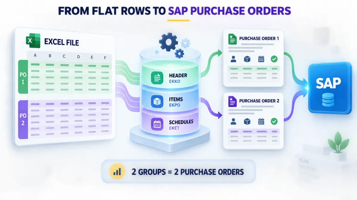 SAP mass purchase order creation: how flat Excel rows map to header, item and schedule-line PO structure.