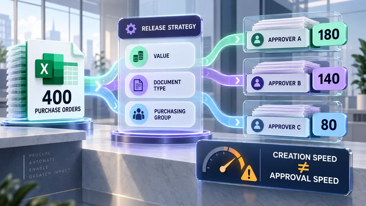 Modern infographic showing 400 SAP purchase orders routed by release strategy into three approver queues