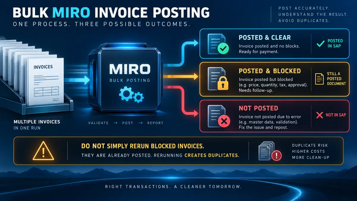 SAP MIRO mass invoice posting: the posted, blocked and failed outcomes a supplier-invoice run can produce.
