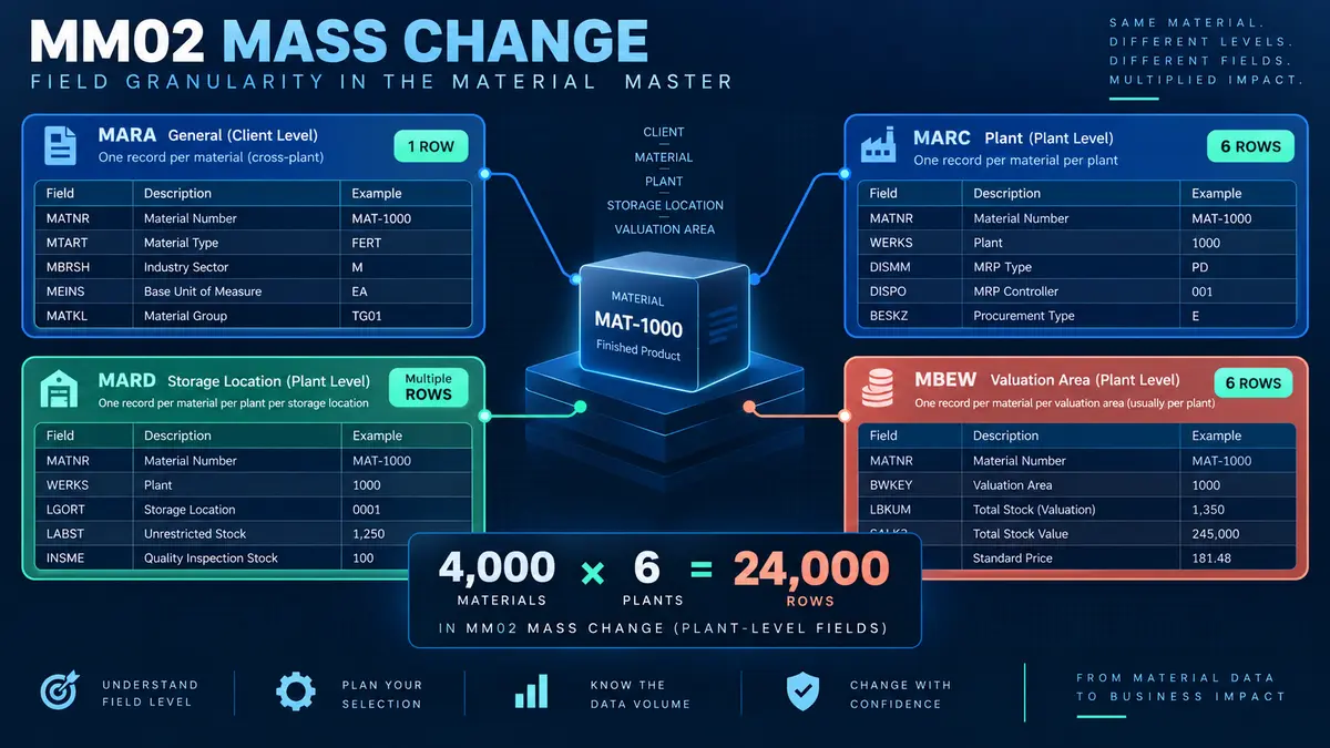 SAP mass change of material master: how field granularity turns one material into many MM02 update rows.