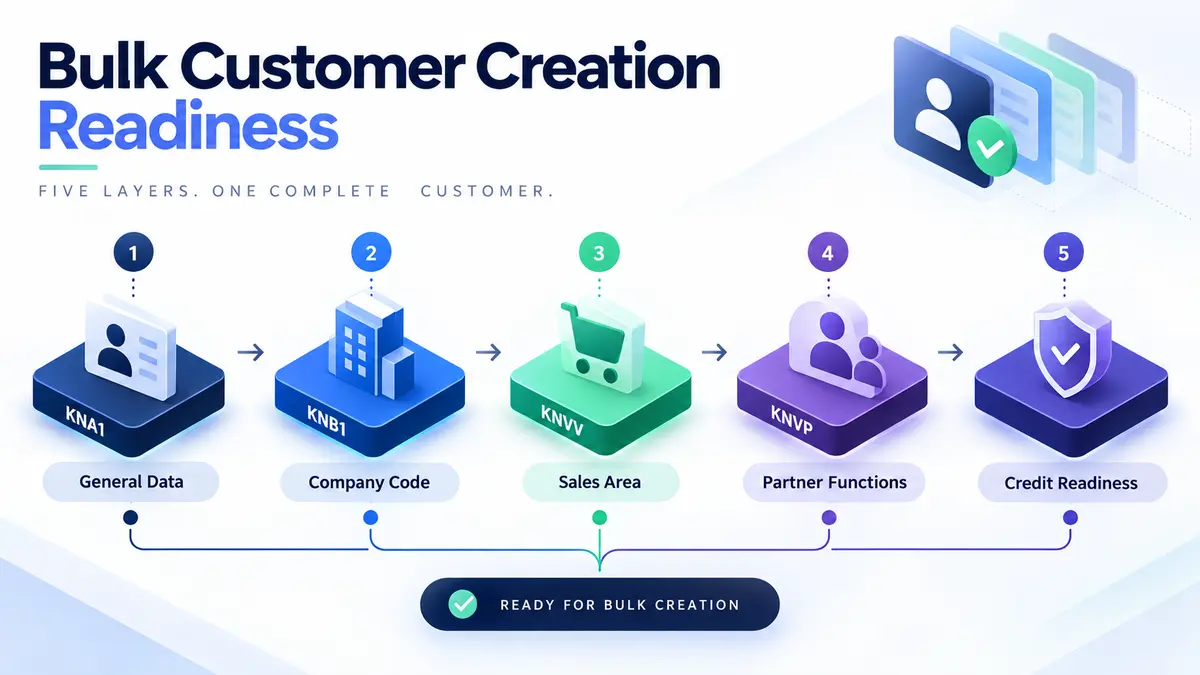 SAP customer master upload: the existence, accounting and sales-area readiness layers a customer must pass.