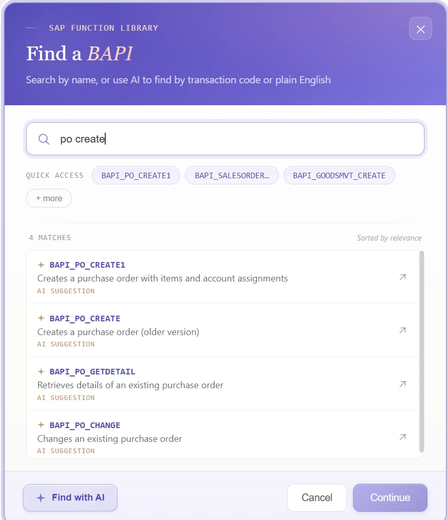 PostNow.ai Find a BAPI dialog showing search for purchase order creation and BAPI_PO_CREATE1 results.