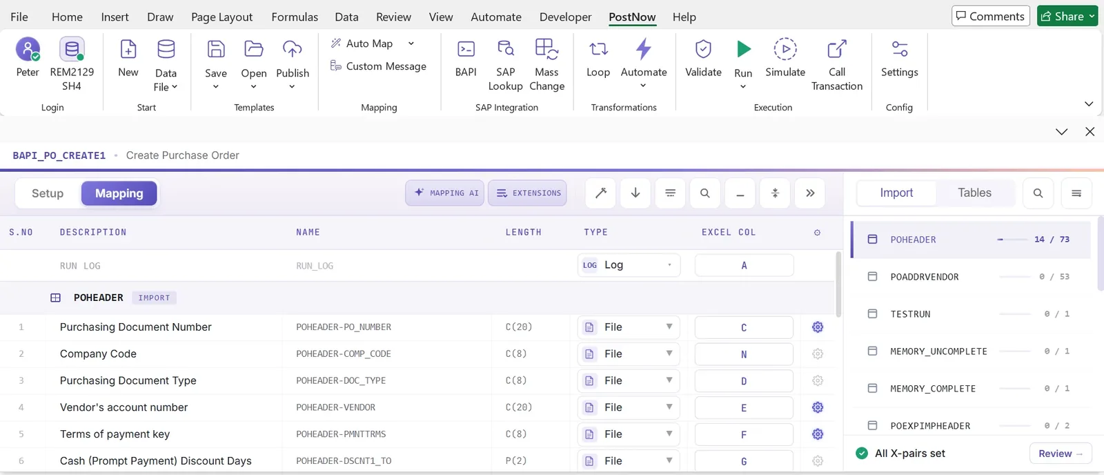 PostNow.ai BAPI Mapping Designer showing POHEADER fields mapped to Excel columns for BAPI_PO_CREATE1.