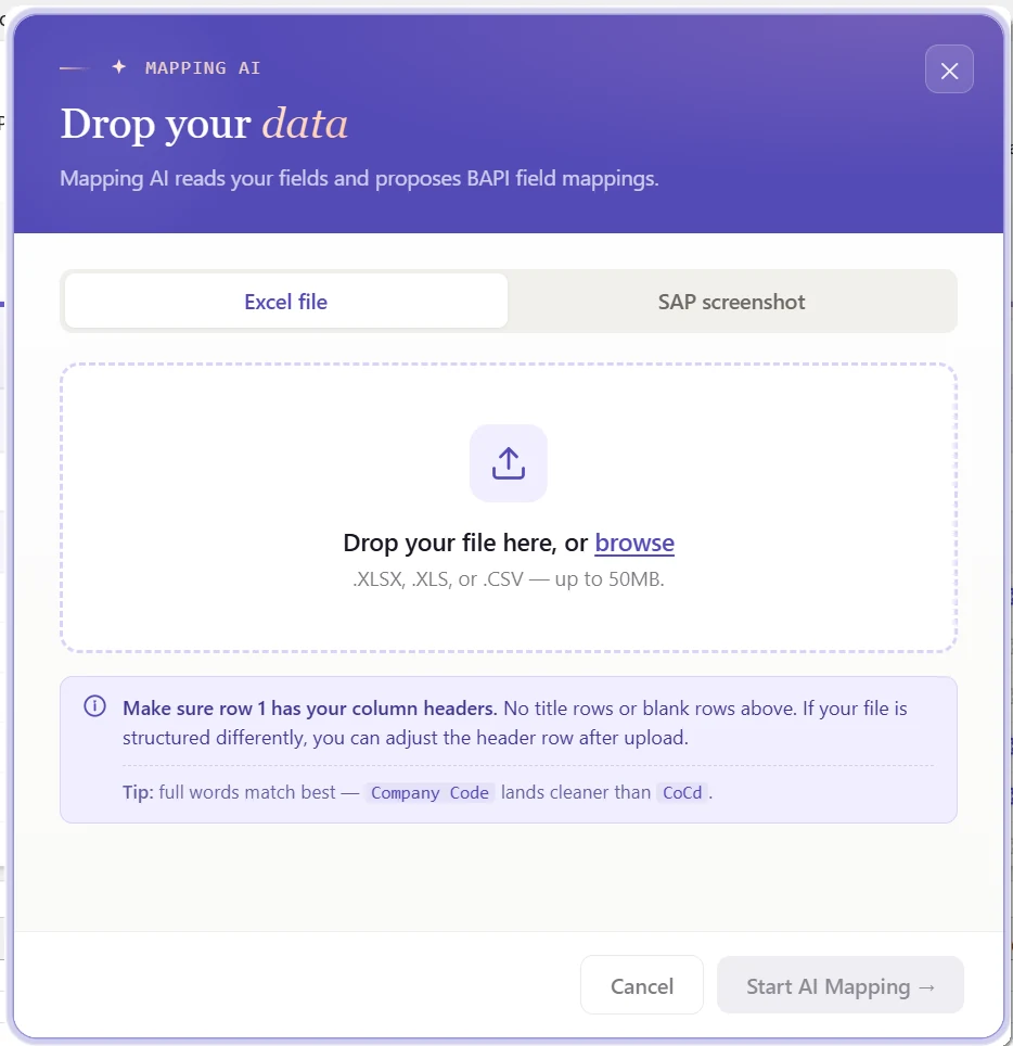 PostNow.ai Mapping AI upload dialog for analyzing an Excel file and proposing SAP BAPI field mappings.