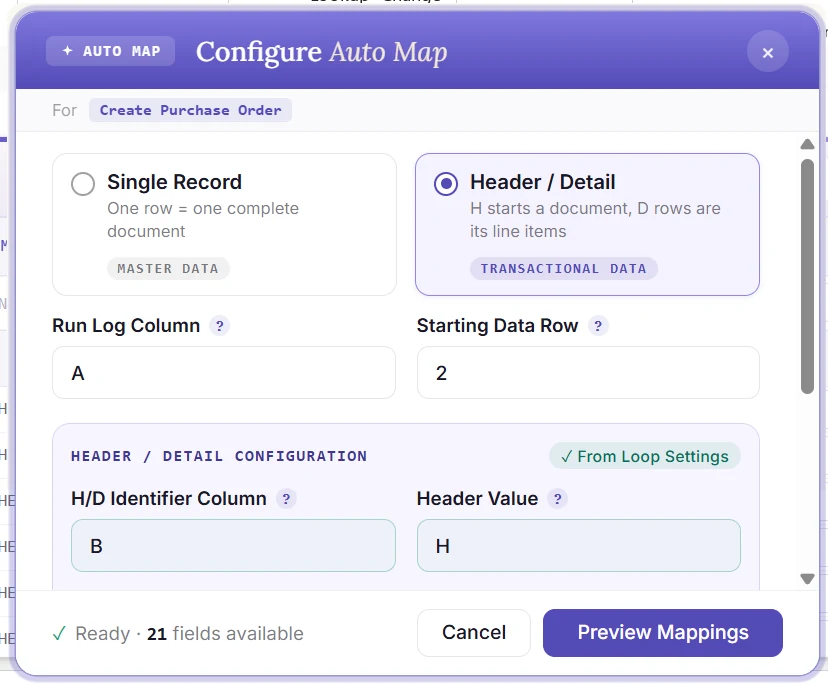 PostNow.ai Auto Map configuration showing Single Record and Header Detail modes for Create Purchase Order.