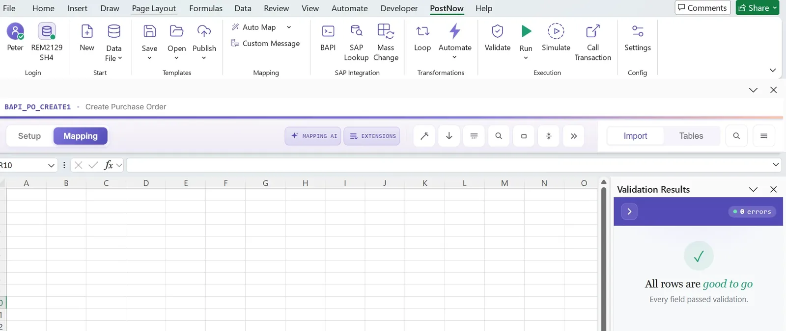 PostNow.ai Validation Results panel in Excel showing zero errors and all rows ready to post.