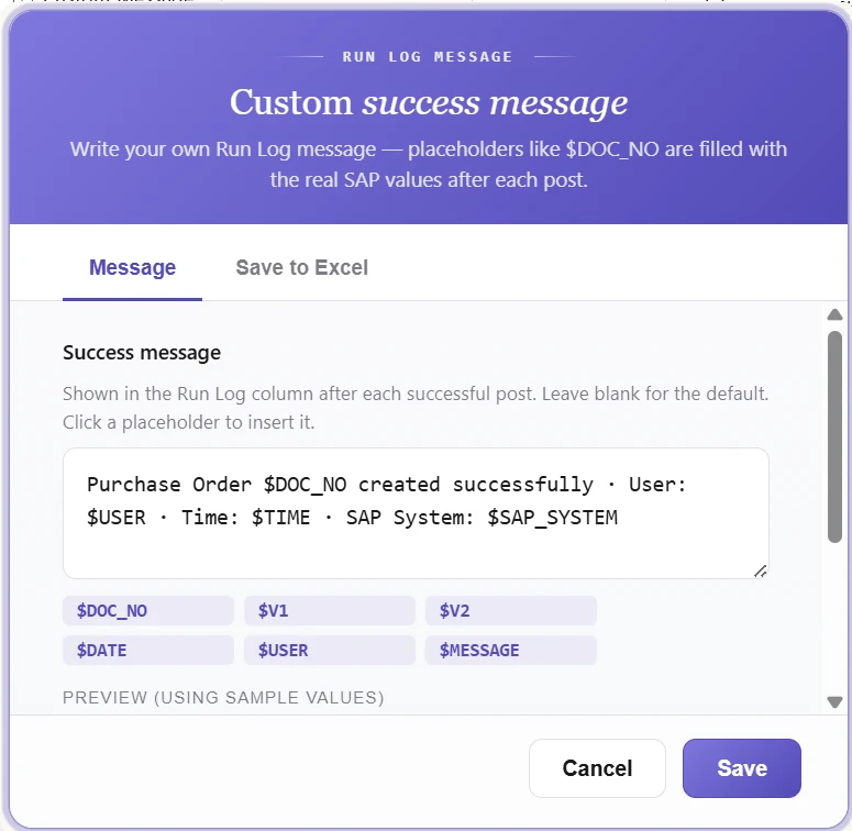 PostNow.ai Custom success message configuration using placeholders for SAP document number user time and system.