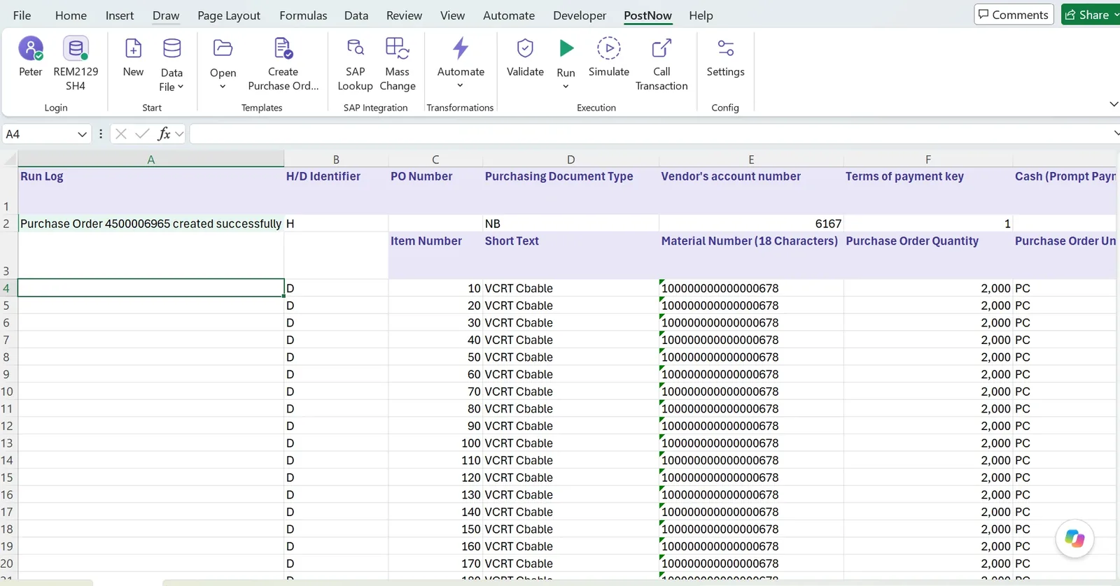 PostNow.ai row level posting results in Excel