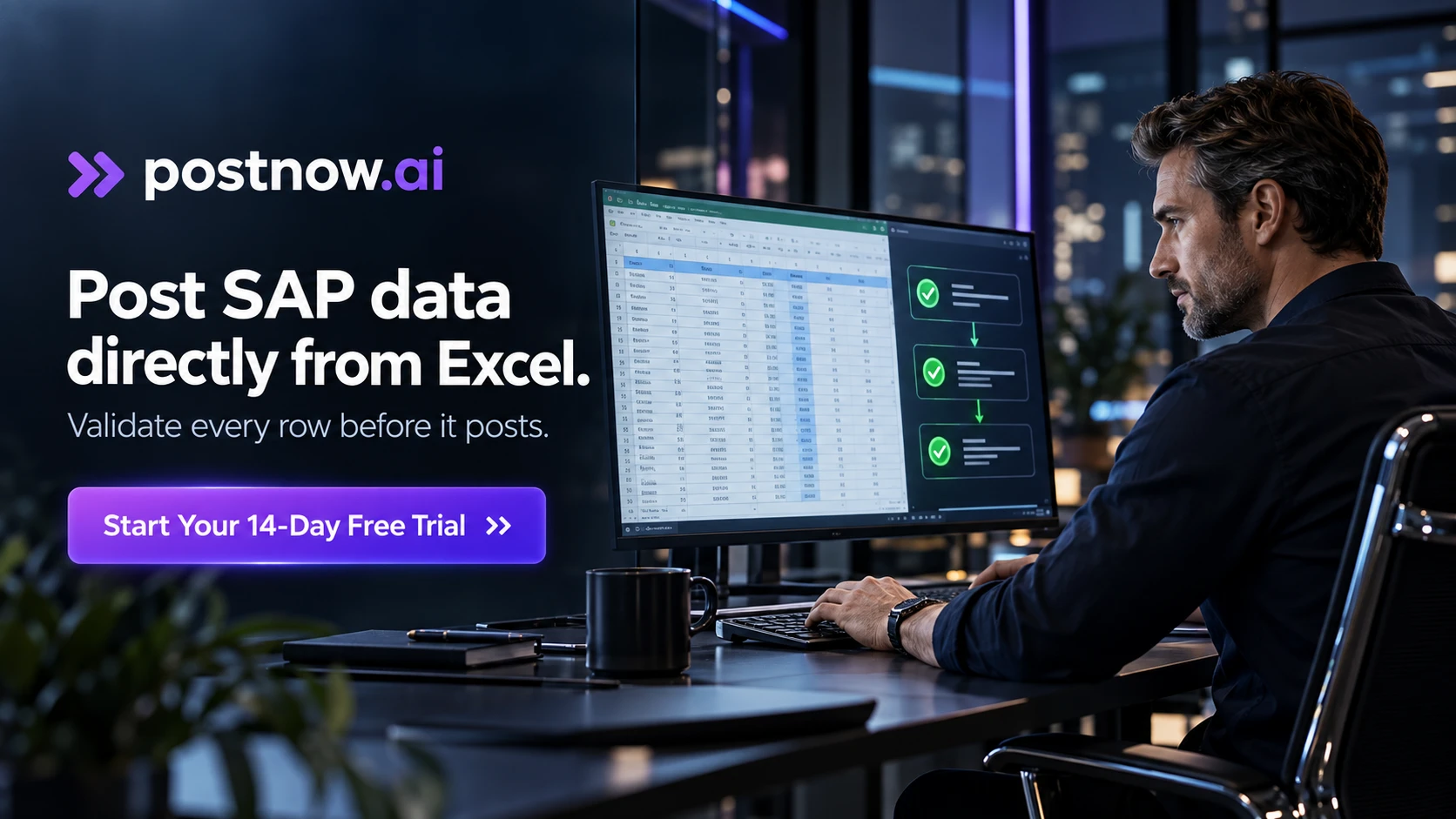 Start your 14 day free trial of PostNow.ai: post SAP data directly from Excel and validate every row before it posts