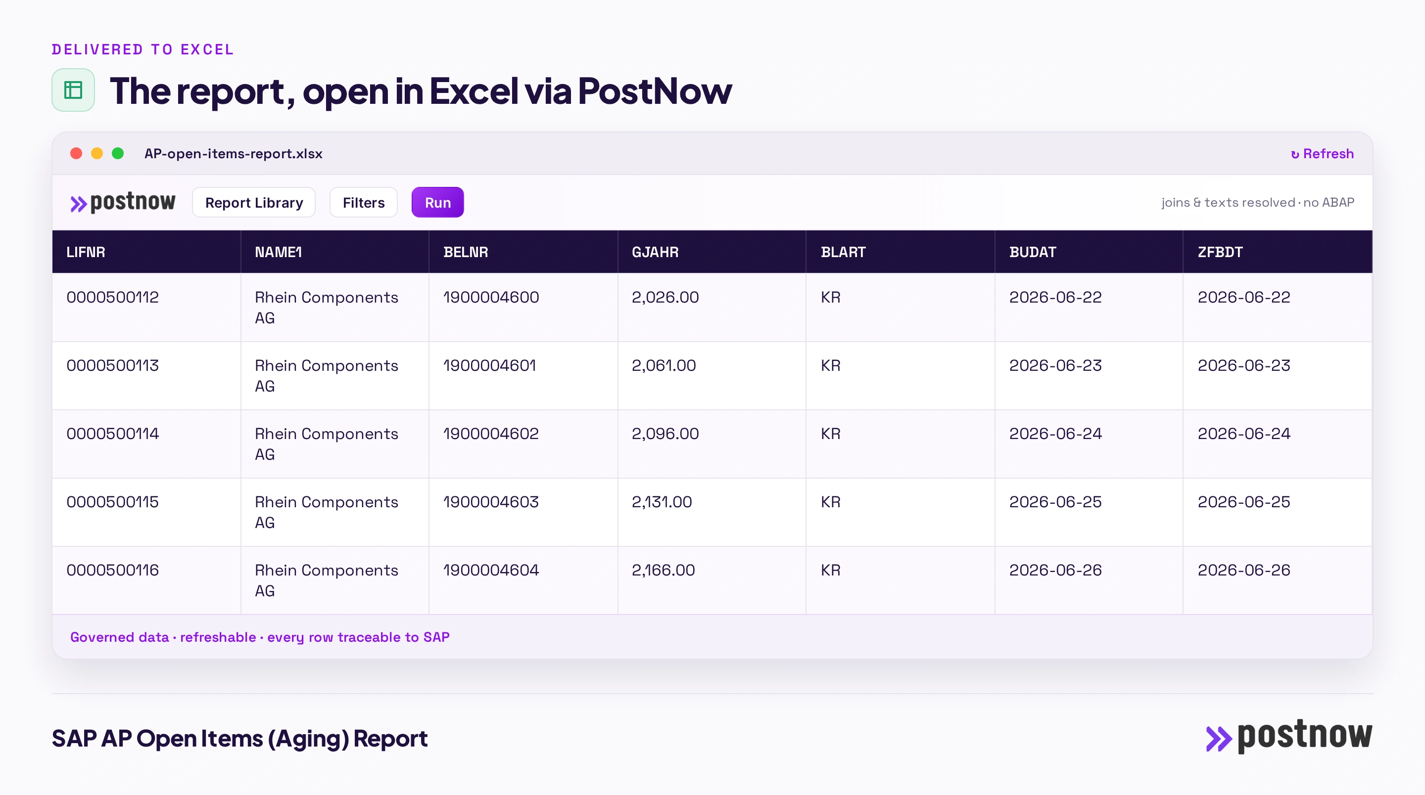 SAP AP open items report The finished SAP AP open items report open in Excel through the PostNow task pane, with the joined columns, a refresh control and governed data pulled straight from SAP without ABAP.