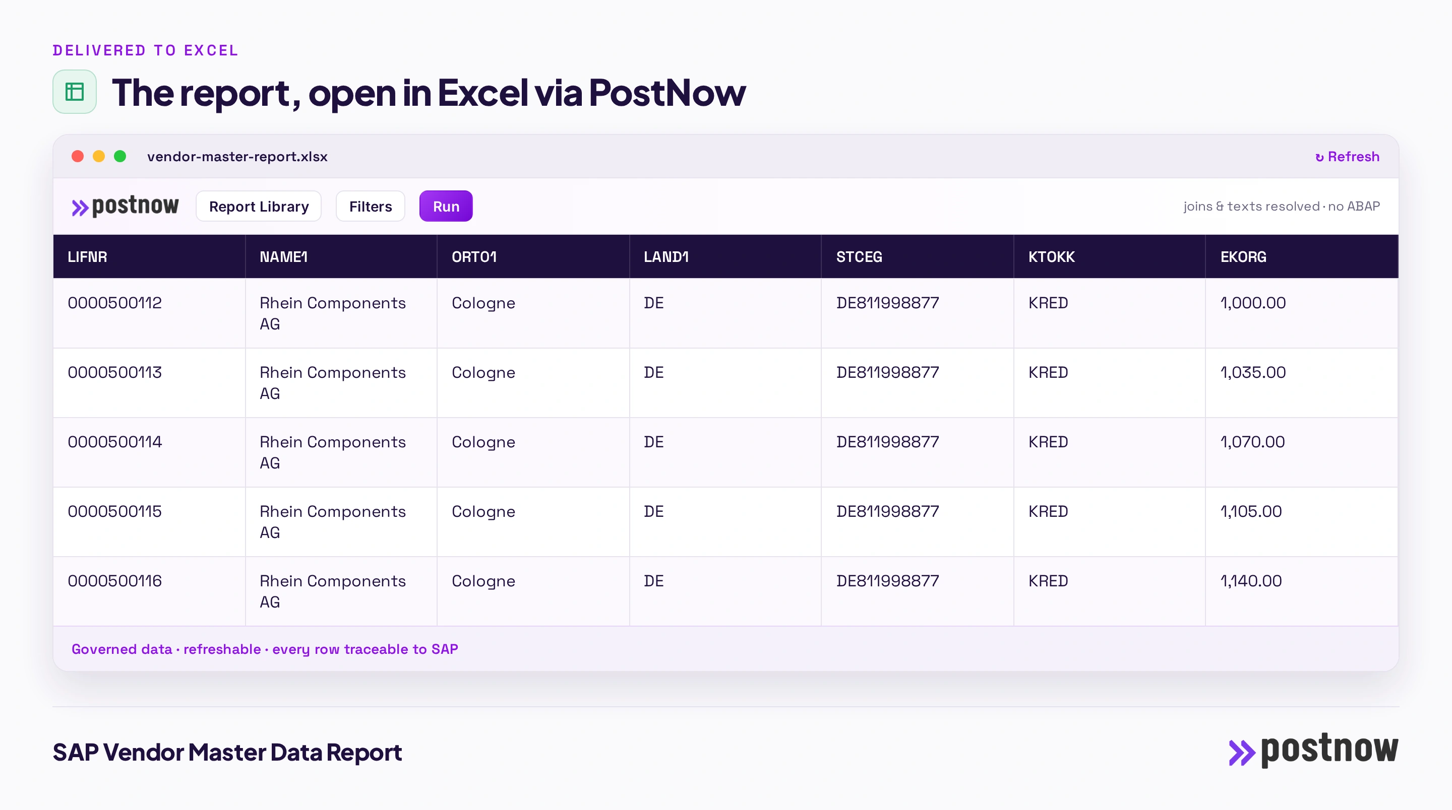 SAP vendor master data report The finished SAP vendor master data report open in Excel through the PostNow task pane, with the joined columns, a refresh control and governed data pulled straight from SAP without ABAP.