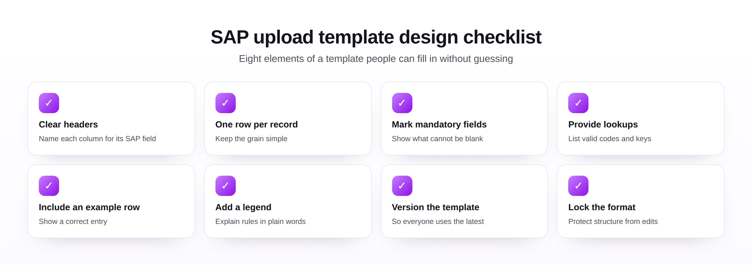 SAP upload template design checklist with eight elements.