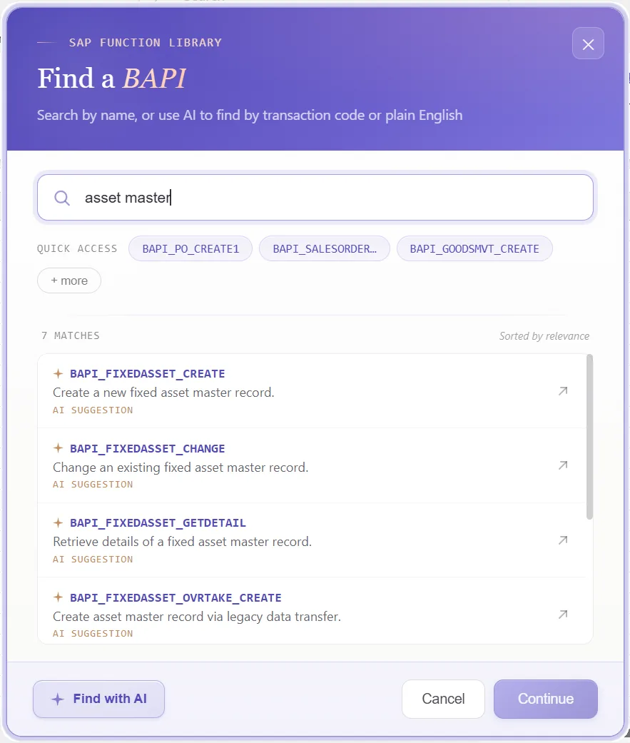 SAP asset master automation: Function finder with BAPI_FIXEDASSET_CREATE1 selected and its structures shown
