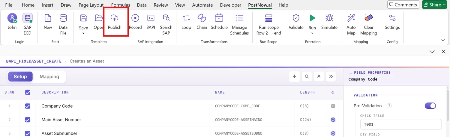SAP asset master automation: Publish action, plus Chain Designer running create-then-acquire in sequence