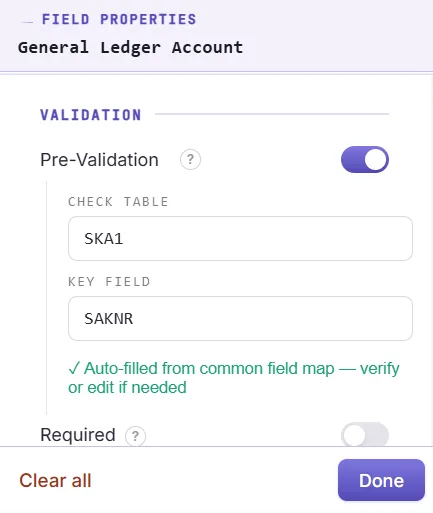 SAP asset posting automation: Validation panel: balance checked, cells flagged, "0 documents will fail in SAP"