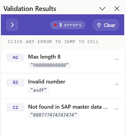 SAP asset posting automation: Field validation set with a check table and field, confirming against live SAP