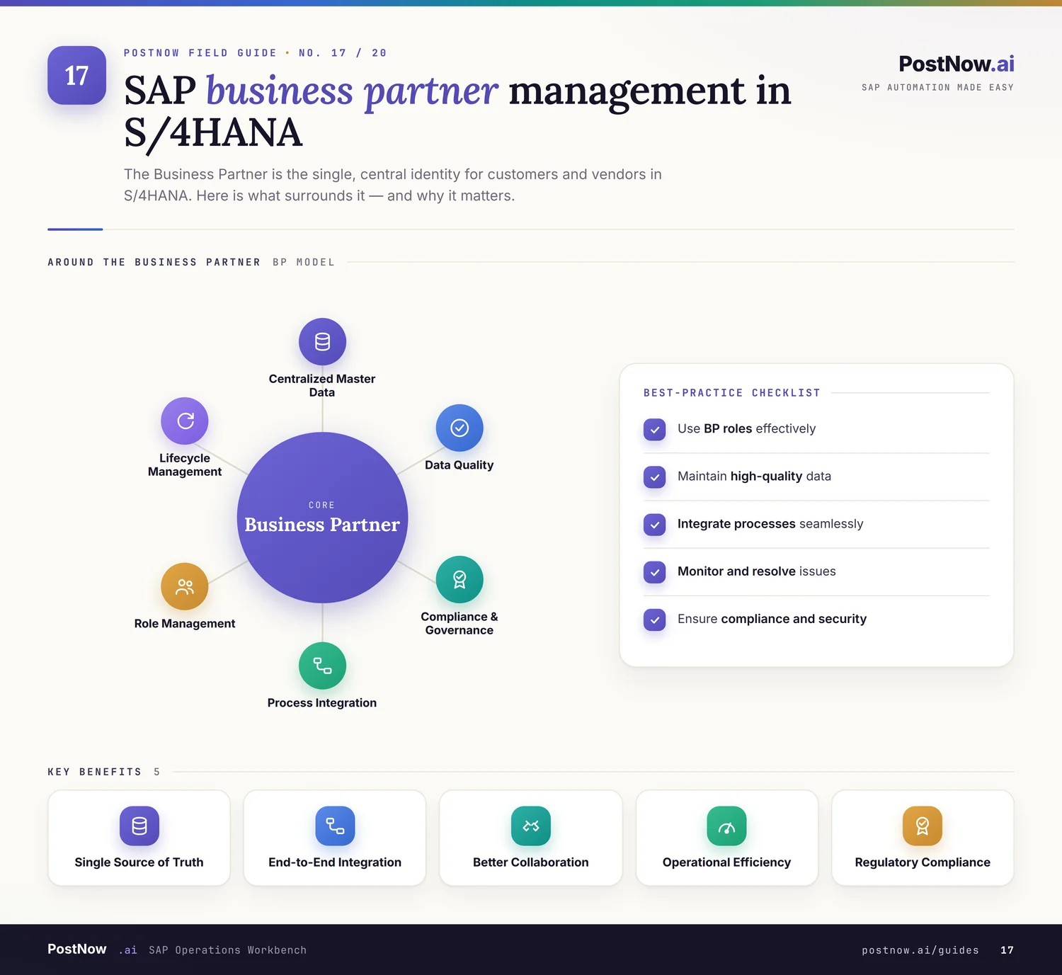 SAP business partner automation infographic showing how Business Partners, roles, and relationships are created from Excel in S/4HANA.