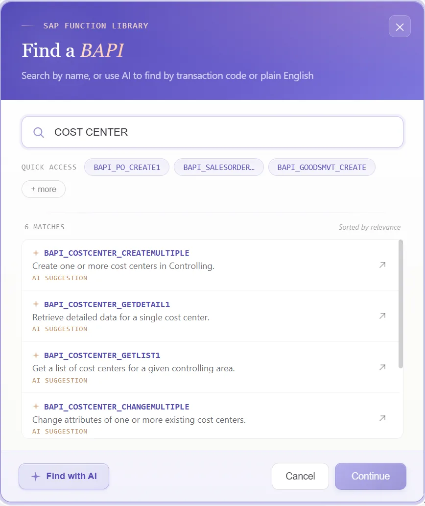 SAP cost center automation: Function finder with BAPI_COSTCENTER_CREATEMULTIPLE selected and its list structure shown