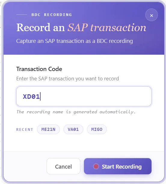 SAP customer master automation: Recording an XD01 customer creation across the general, company code, and sales area screens (view 1 of 3)