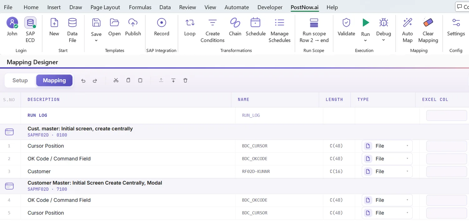 SAP customer master automation: Mapping Designer listing the recorded customer fields by screen