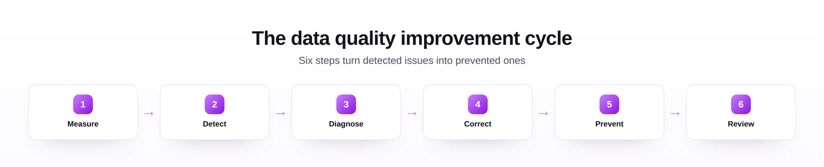 The six-step SAP data quality improvement cycle from measure to review.