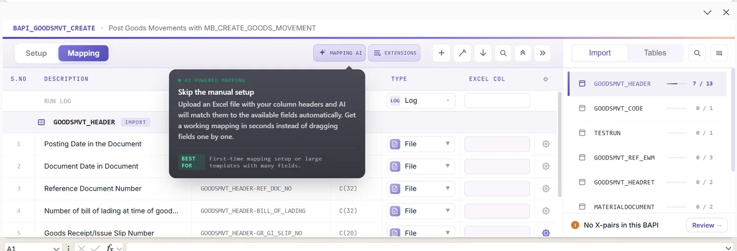 SAP goods movement automation: Mapping Designer listing goods movement header and item fields (view 2 of 2)