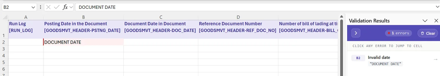 SAP goods movement automation: Field validation set with check table and field, confirming against live SAP