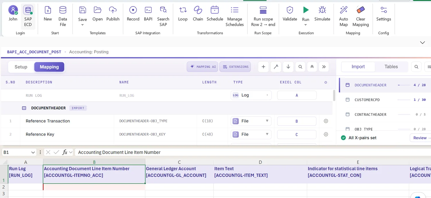 SAP journal entry automation: Auto Map with grouping: posting lines nested under each journal (view 2 of 2)