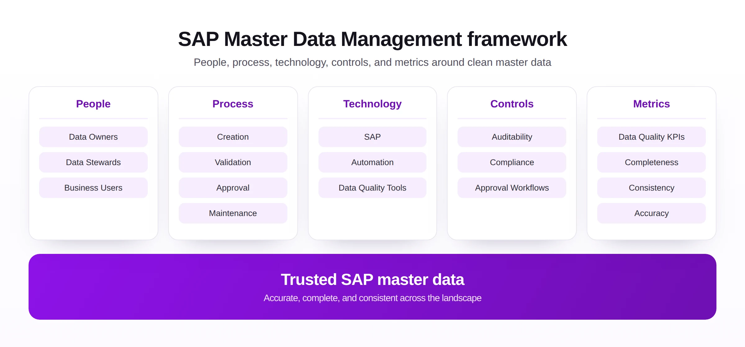 SAP Master Data Management framework showing the people, process, technology, controls, and metrics that keep SAP master data accurate, complete, and consistent.