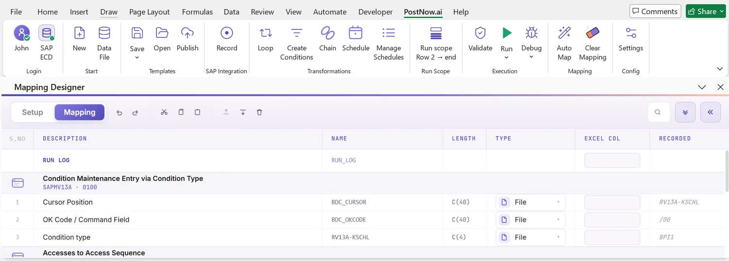 SAP pricing condition automation: Mapping Designer listing the recorded condition fields: key, validity, and rate