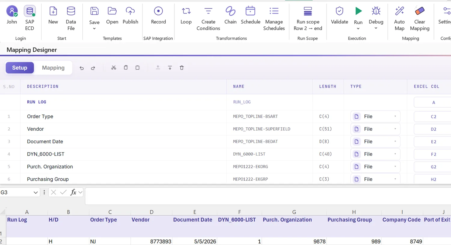 SAP purchase order automation: Auto Map with header/detail grouping: item rows nested under each PO header (view 3 of 3)