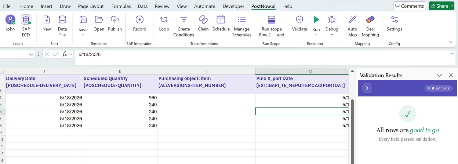 SAP purchase order automation: Field properties with delivery-date format, price decimals, and auto-marked X indicators