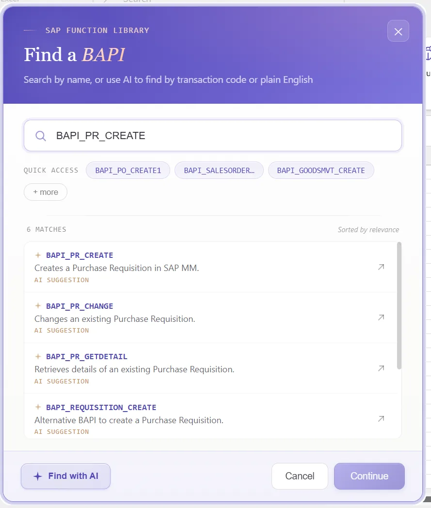 SAP purchase requisition automation: Function finder with BAPI_PR_CREATE selected and its item and account structures