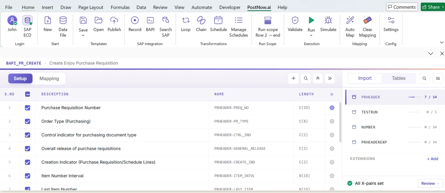 SAP purchase requisition automation: Mapping Designer listing requisition item and account-assignment fields (view 1 of 2)