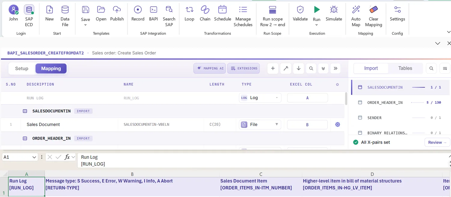 SAP sales order automation: Auto Map with grouping: partners and item rows nested under each order header (view 2 of 2)