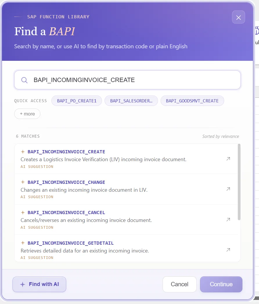 SAP vendor invoice automation: Function finder with BAPI_INCOMINGINVOICE_CREATE selected and its header and item structures