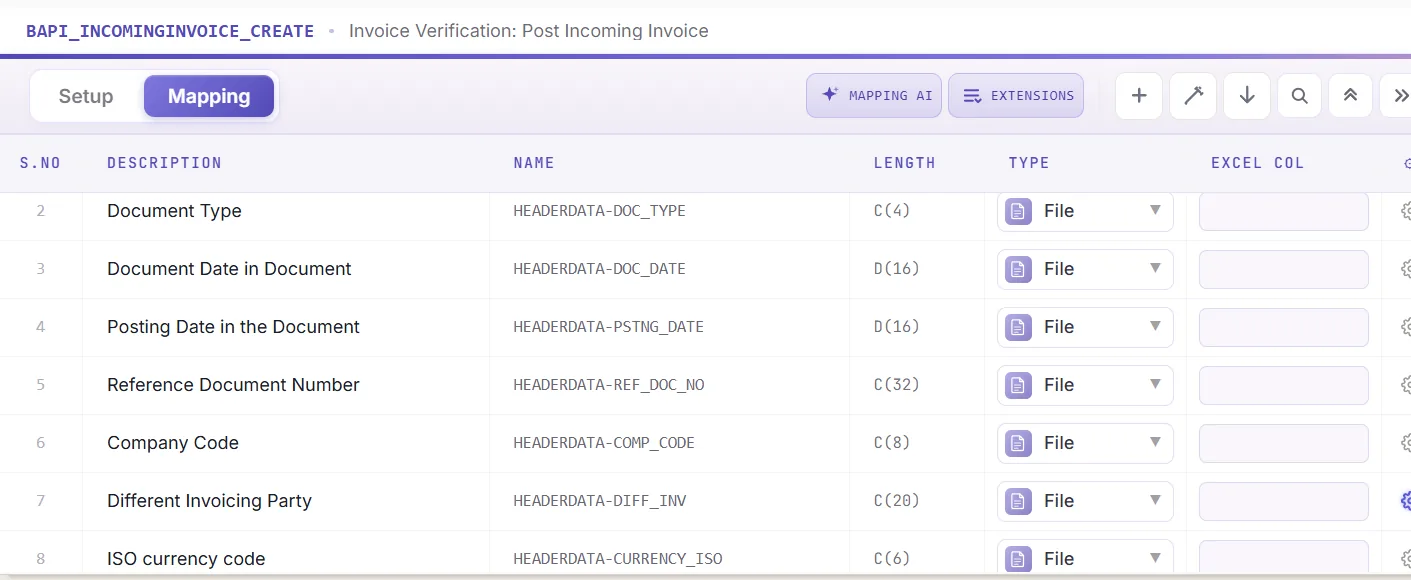SAP vendor invoice automation: Mapping Designer listing the invoice header and item fields (view 2 of 4)