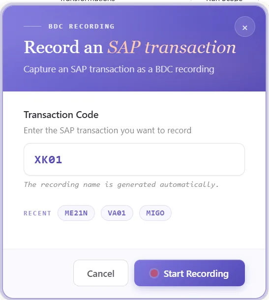 SAP vendor master automation: Recorder with T-code XK01 entered, capturing the vendor screens (view 1 of 2)